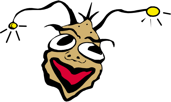 The image shows a cartoon of an animated character with exaggerated facial features such as large eyes and mouth, set against a black background that resembles space due to its dark coloration.