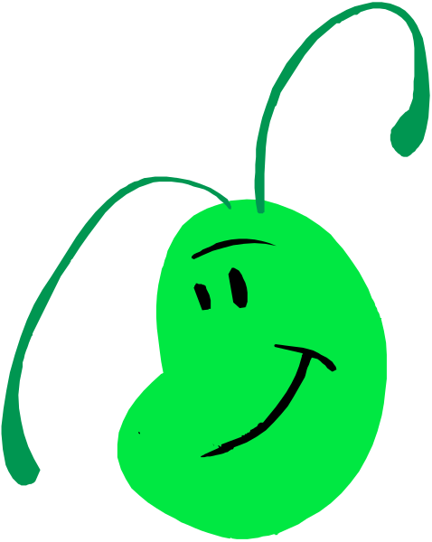 The image shows a green cartoon alien with big eyes and antennae against a black background.