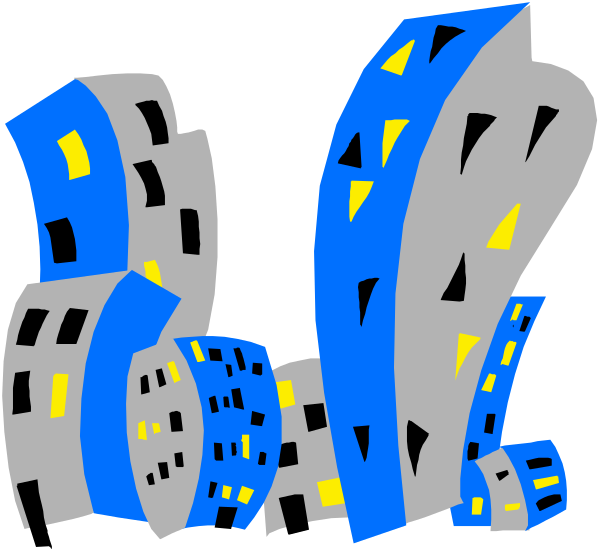 The image shows a stylized cityscape with buildings that have abstract designs resembling skyscrapers against an urban nighttime background.