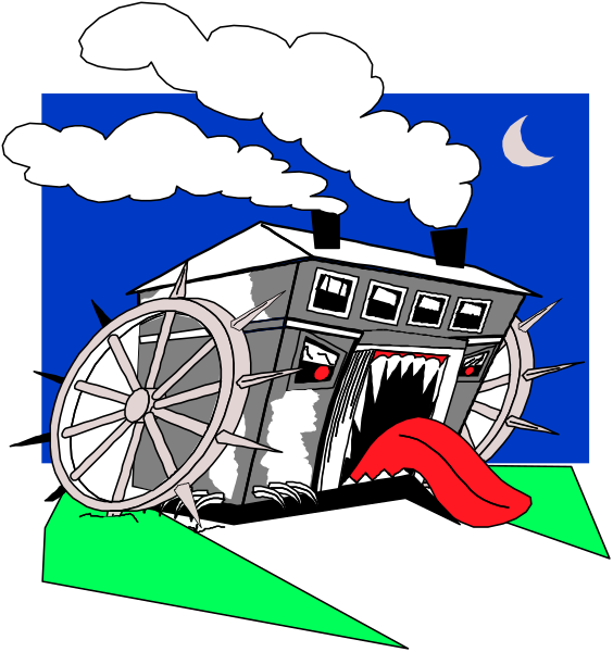 The image shows a cartoon of an old house with wheels being pulled by two horses that have been altered to look like monsters; one horse is on each side pulling it forward while another monster-like creature, possibly representing Frankenstein's Monster or similar horror figure, stands in front.