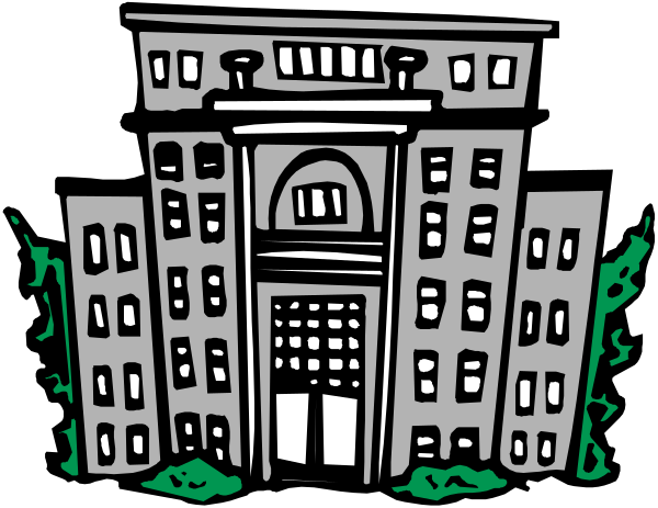 The black and white illustration shows a large building with multiple windows on each floor, resembling an institutional structure like a school or government office. In front of it is a small tree to its left side.