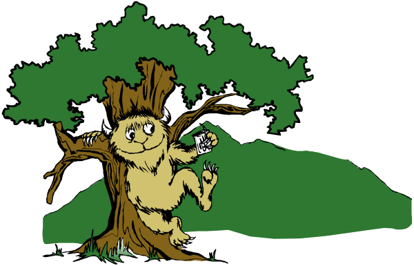 The image shows a cartoon of an anthropomorphic animal sitting on top of a tree branch with its arms outstretched as if it's flying through the air above a grassy field under what appears to be nighttime, given that there is no visible sky or stars in this small clip-art.