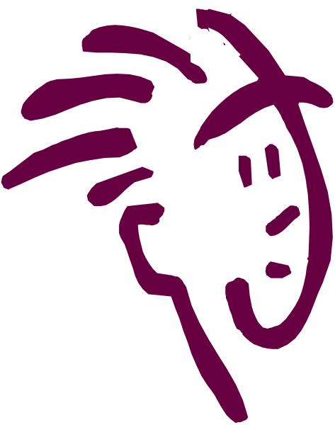 The image shows a simple line drawing of an abstract face with exaggerated features such as large eyes and eyebrows, set against a purple background that resembles watercolor paper texture.