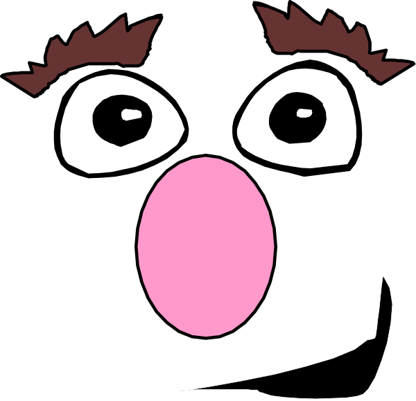 The image shows a black puppet with pink eyes looking upwards towards something above it.