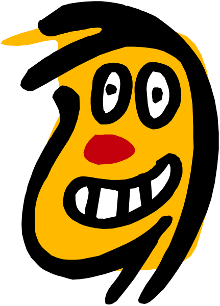 The image shows a cartoon face with exaggerated features such as large eyes and teeth, set against a plain background.