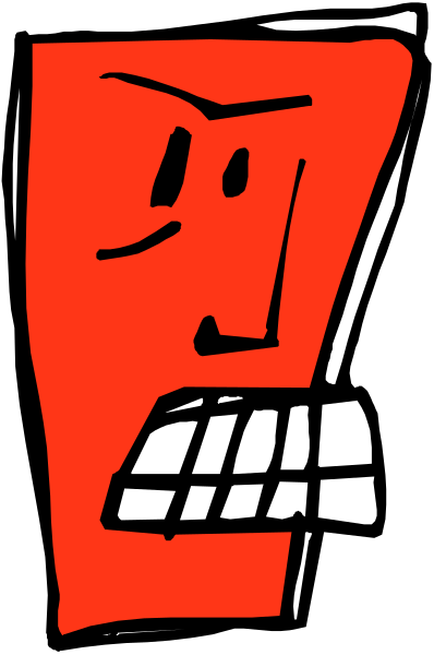 The image shows a red cartoon face with an angry expression on it against a black background.