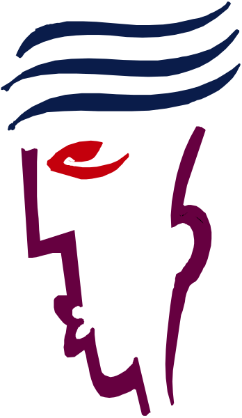 The image shows a black and white illustration of an abstract face with exaggerated features such as large eyes and lips on either side.