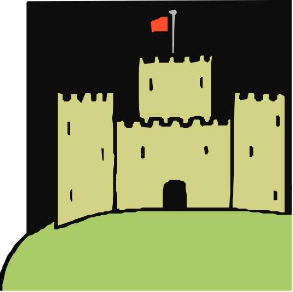 The image shows a cartoon illustration of an old castle with towers on top, set against a dark sky background; there is no text present in this clip-art depiction.