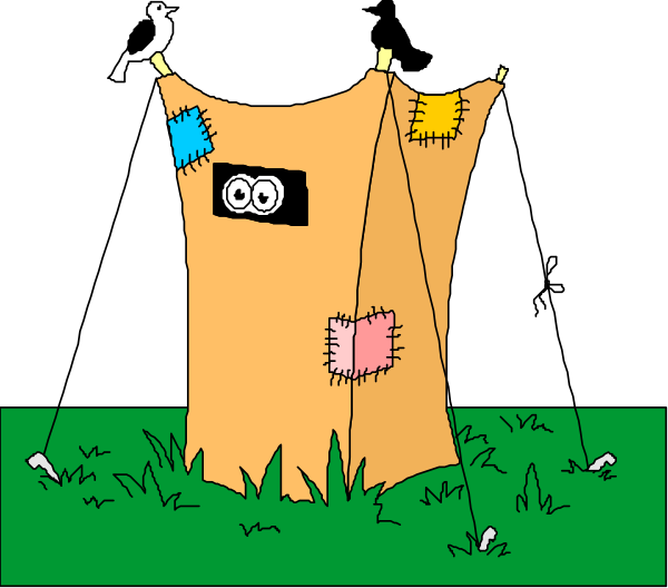 The cartoon shows a clothesline with laundry hanging on it next to an open umbrella that is tied down by ropes in what appears to be rainy weather outside of a tent-like structure made from fabric and sticks, set against a dark background at nighttime or during the evening hours.