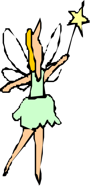 The image shows a cartoon of an animated fairy with wings flying over what appears to be a black background; she is wearing a green dress and has blonde hair.