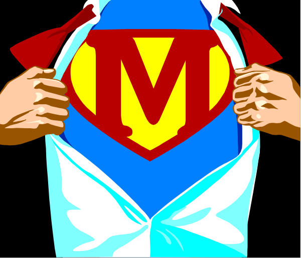 The image shows a person wearing a Superman costume with their arms crossed over each other's chest.