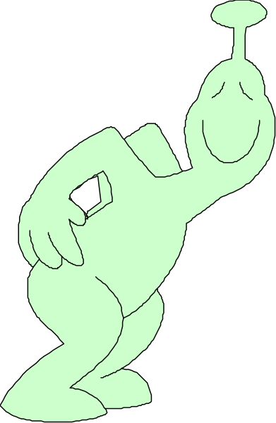 The image shows a cartoon of an anthropomorphic robot with arms outstretched as if dancing or performing some action in front of what appears to be a wallpaper background featuring vertical lines that could represent blinds, curtains, or another patterned surface.