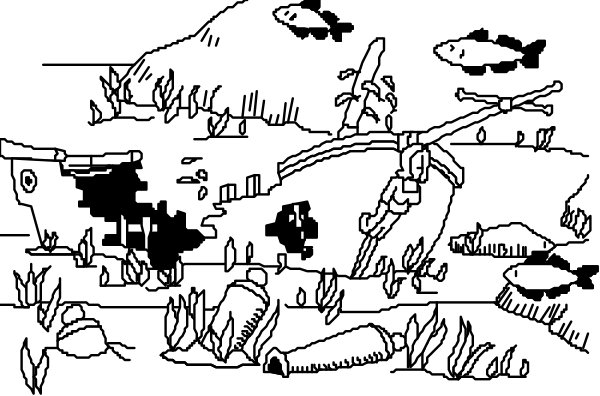 The black and white illustration depicts a scene with two tanks facing each other on what appears to be an island-like terrain surrounded by water; there is also a small boat in between them near some rocks, along with several smaller figures that could represent soldiers or crew members standing around the area.