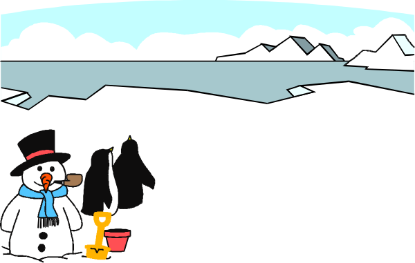 The image shows a cartoon depiction of two penguins standing on an icy surface with snow around them; there is also a small figure resembling Santa Claus in front of what appears to be a Christmas tree, and another character that looks like Jack Frost or winter personified. In the background, we see ice formations suggesting cold weather conditions, possibly near water given their shape. The overall setting seems festive with holiday-themed elements such as snowmen and decorative items typically associated with winter holidays.