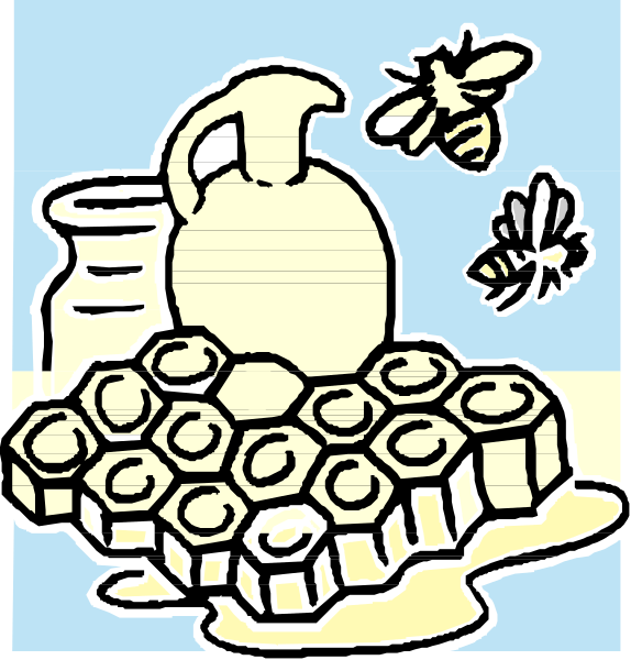 The comic strip shows a beehive with honeycomb on top of it next to an eggplant plant under blue sky; in one panel there is also a butterfly flying above the plants.