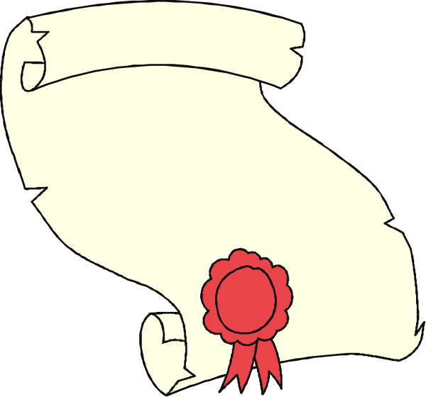 The image shows a black and white illustration of two pieces of paper with red seals on them placed next to each other against a dark background; one piece has an award ribbon attached at its top right corner, indicating recognition for achievement in some context.