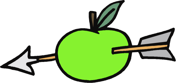 The image shows a cartoon apple with an arrow through it being shot by two arrows from either side of its body; there is no text present in this clip-art illustration.