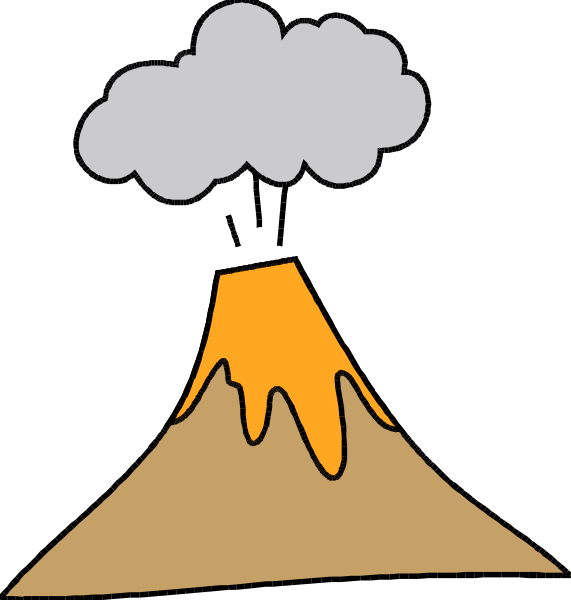 The image shows two panels with a volcano eruption depicted: In panel 1, there is an orange lava flow from the top of the mountain; in panel 2, smoke rises above it and clouds gather around the peak. There's no text or other objects present. It appears to be illustrating before-and-after effects after a volcanic eruption. The style suggests educational material for children about natural disasters like volcanoes.