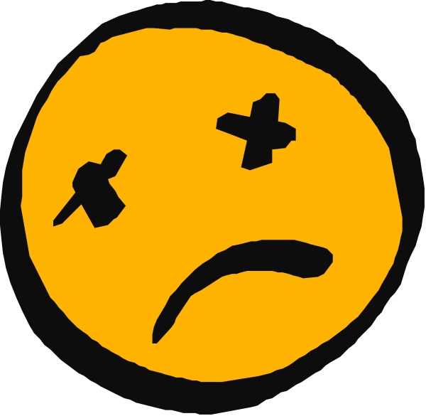 The image shows a simple black and white emoticon of an emoji with crossed eyes, representing sadness or disapproval, next to two yellow smiley faces that have been edited out from their original contexts; one has its mouth covered by another face's eye socket, creating the illusion it is crying.