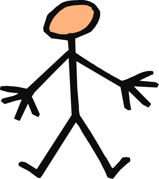 The image shows a simple line drawing of an orange stick figure with arms outstretched against a gray background on what appears to be paper.