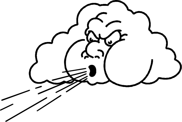 The black and white cartoon shows a cloud with an angry face blowing smoke into another smaller cloud that is also unhappy looking below it.