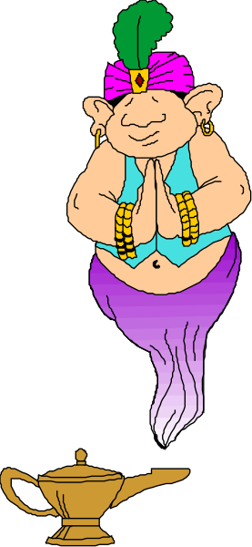 The image features a cartoon depiction of an overweight man with purple hair wearing blue clothing adorned with gold jewelry; he is holding a lamp in his right hand while standing on top of what appears to be a cloud, and there's another similar figure floating above him who seems to have the same attire.