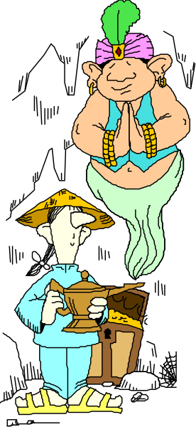 The cartoon features a man with an exaggeratedly large head standing next to another character who appears to be floating on water; both characters have speech bubbles containing text that is too small for me to read, and there's also a depiction of what looks like a treasure chest in the background.