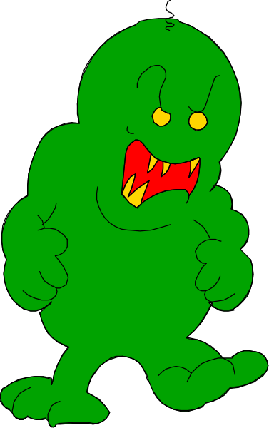 The image shows a green cartoon ghost with an angry expression standing next to what appears to be a window frame on a gray background.