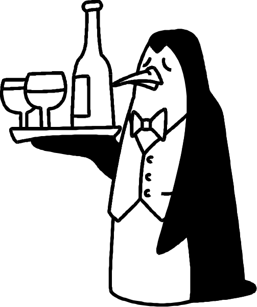 The black and white illustration shows a cartoon penguin standing at an indoor bar counter with two wine glasses on it; one glass is empty while another has some liquid in it.