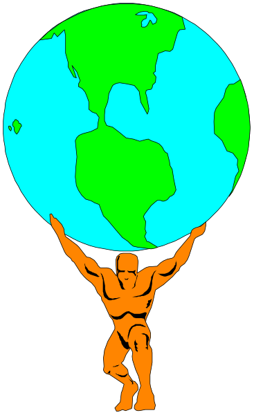 The image shows a stylized depiction of Earth with continents visible atop which is an orange silhouette of a muscular man holding up the globe on his shoulders as if he's carrying it, set against a black background that transitions to gray towards one side and has white stripes.
