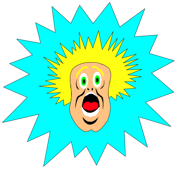 The image shows a cartoon of an animated character with exaggerated facial features inside a blue explosion effect background.