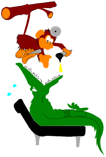 The cartoon shows a crocodile sitting on an armchair with its mouth open as if it's speaking to two monkeys who appear surprised by this unusual sight; one of them is holding up what looks like a camera, while another has a microphone in hand and seems ready for action.
