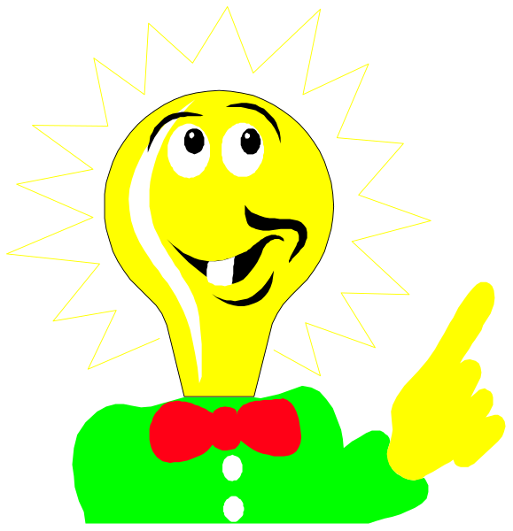 The image shows a cartoon of an electric light bulb with eyes that is anthropomorphized to look like it's pointing at something off-screen while wearing sunglasses on top of its head, and there appears to be another similar figure in black silhouette next to the colored one.