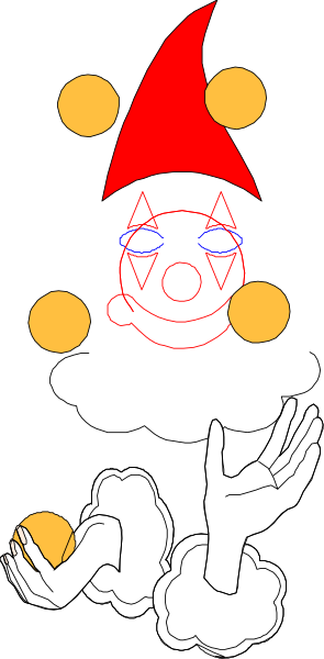 The image shows a cartoon of an animated character with clown makeup holding three balloons that have faces on them; it's set against a dark background.