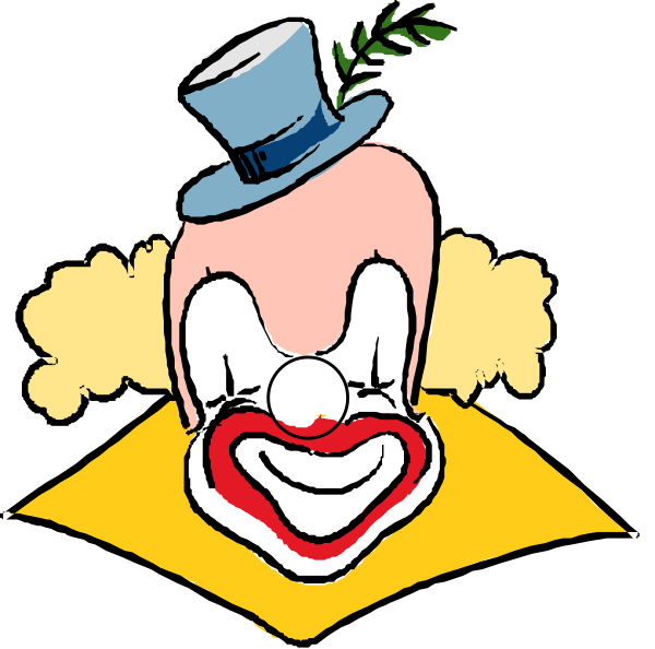 The image shows a cartoon of two clowns with exaggerated features; on the left is an unmasked face showing teeth and hair, while on the right is another masked in red makeup wearing a top hat and holding what appears to be a carrot or stick.