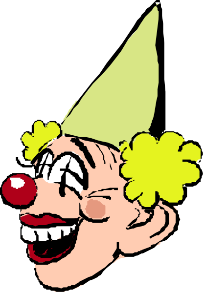 The image shows a cartoon of an elderly clown with exaggerated features such as large eyes and nose, wearing yellow shoes, holding his hat in one hand while making faces at the viewer.