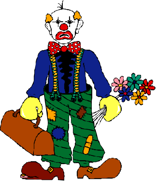 The image shows a cartoon clown character holding flowers with his left hand while standing on what appears to be an unicycle wheel in front of him; he is wearing green pants adorned with various objects, including shoes and ties hanging from them, along with suspenders around the waist area.