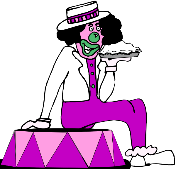 The cartoon depicts a clown sitting on top of an umbrella with his legs crossed over each other while holding a pie in one hand.