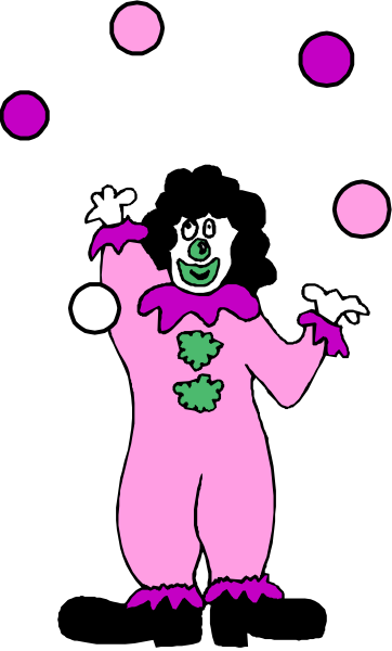 The image shows a cartoon clown character with exaggerated features such as large eyes and an oversized smile holding multiple balloons in its hands while standing against a dark background.