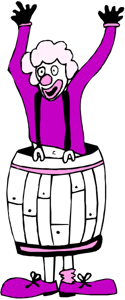 The cartoon shows a character with exaggerated features standing on top of what appears to be an oversized barrel wearing purple pants; it is colored in black-and-white tones except for pink accents, and there's no text present within this image.