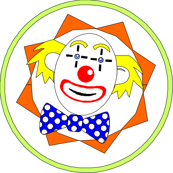 The image shows a cartoon of two clowns with exaggerated features such as large noses and big eyes on what appears to be an orange background inside a white border that has blue dots around it, suggesting this is part of a larger set like playing cards or stickers.