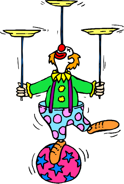 The illustration shows a clown with red hair holding three balloons while standing on top of an oversized bowling pin that is rolling downhill in front of him; he has one hand raised as if performing magic tricks and appears to be floating above his feet, which seem suspended by strings or wires.