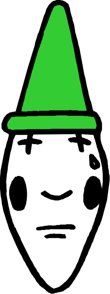 The image shows a cartoon of an alien with green skin peeking through from behind what appears to be a gray wall; it has large eyes and is wearing a small hat that resembles a mushroom cap, which could also suggest elf ears due to its shape.
