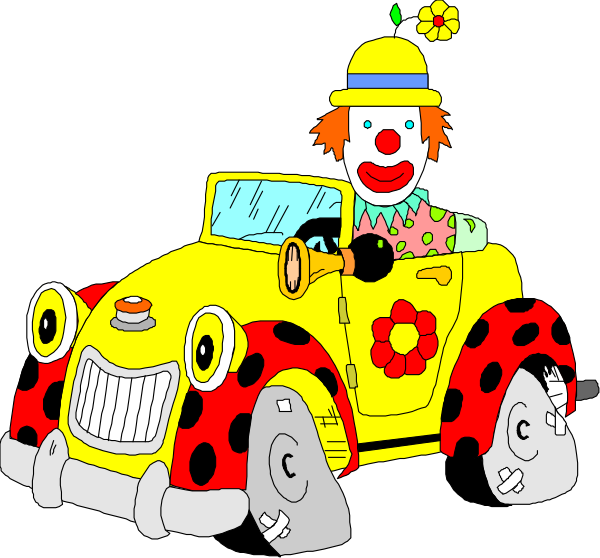 The image shows a cartoon of an animated clown driving a yellow car with red polka dots on it; there is no text present in this clip-art illustration.