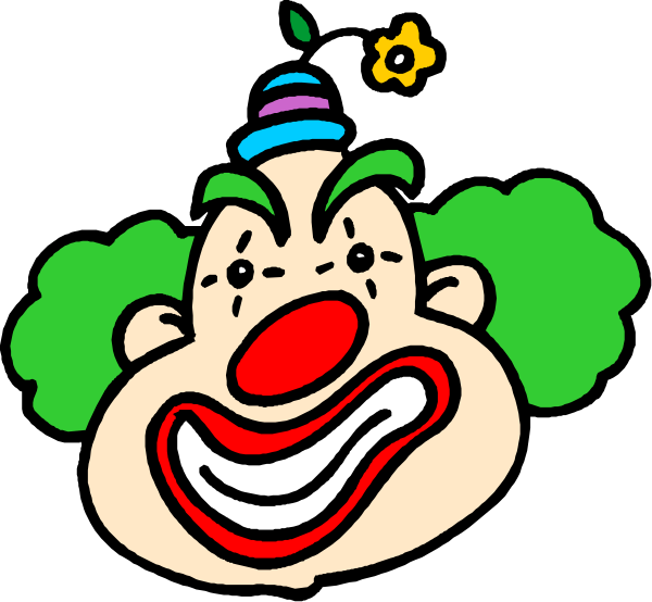 The image shows a cartoon clown with exaggerated features such as large eyes, red nose, big smile, green hair, blue pants, white shoes, holding flowers in his left hand while standing on grass under clear skies and sunshine.