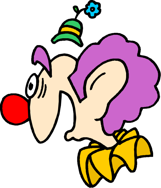 The cartoon shows a clown with exaggerated features like large shoes and an oversized head wearing colorful makeup; he is holding his hat in one hand while pointing to something off-frame with another.