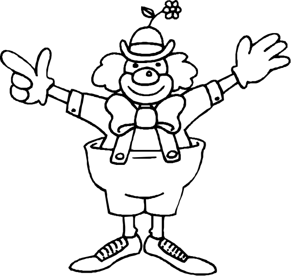 The black and white cartoon shows a clown character with exaggerated features such as large shoes, big nose, red hair in curls on top of his head, wearing a costume that includes pants rolled up to knees, suspenders over one shoulder, bow tie around neck, ruffled shirt cuffs at wrists. The clown is standing and has arms outstretched with palms facing upward as if gesturing or performing for an audience.