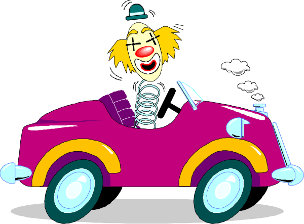 The cartoon shows a clown driving an old car with exaggerated features like big wheels and large headlights; it's on a road at night under clear skies.