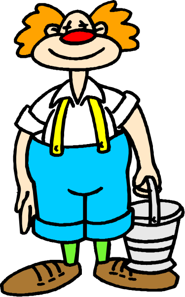 The cartoon depicts a character who appears to be an anthropomorphic figure with exaggerated features such as large eyes and hands holding what looks like buckets of water. This character is standing upright on two legs, wearing blue pants rolled up at the bottoms, white suspenders over a striped shirt, green socks peeking out from under his shoes, which are brown loafers without laces or shoelace holes visible in this image. The background behind him consists of plain gray coloring with no distinguishable features that provide context about location or time period.