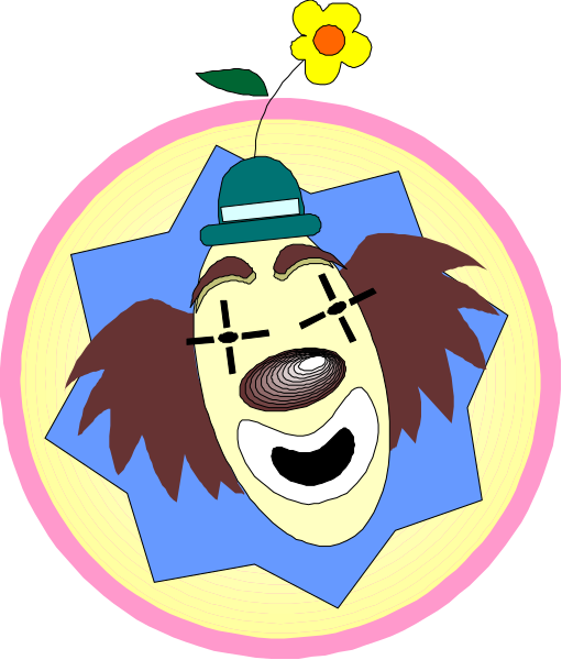 The image shows a cartoon character with exaggerated features resembling an anthropomorphic dog wearing glasses, smiling broadly, inside of what appears to be a stylized blue speech bubble containing various shapes like stars and hearts around it.
